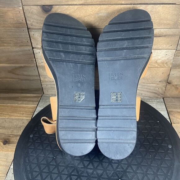 Eileen Fisher Platform Sandals Womens Sz 8 Tan Leather Ankle Strap Hook & Loop - Picture 9 of 10